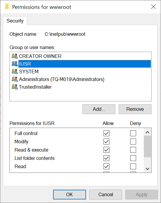 IIS Manager Authentication panel