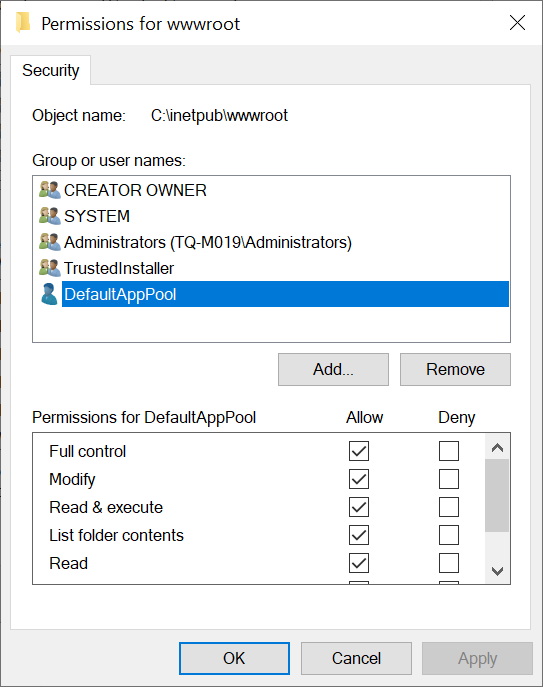 Final security settings with IUSR removed