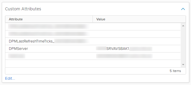 vCenter Custom Attributes panel showing the DPMServer attribute to rename