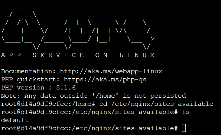 App Service SSH session showing the nginx config file location