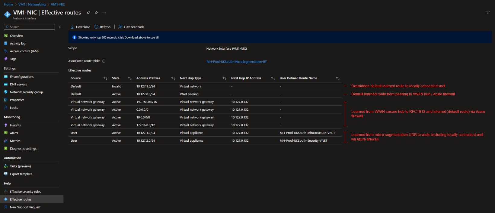 Effective routes on a VM showing traffic routed through the Azure Firewall
