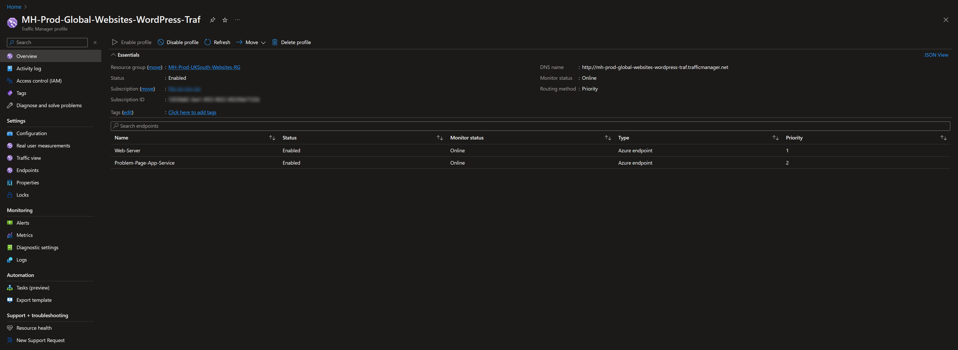 Azure Traffic Manager profile configuration with priority routing endpoints