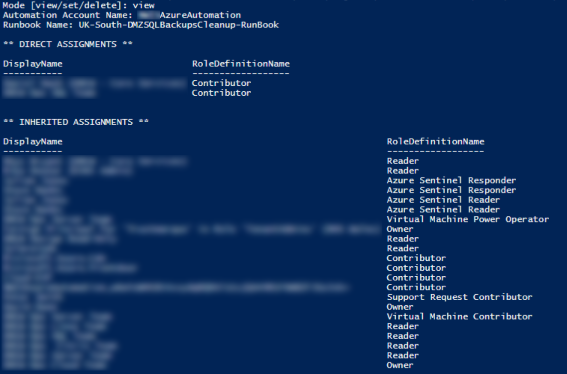 Output of the view mode showing role assignments on a runbook